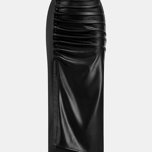 Asymmetric Ruched Faux Leather Midi Skirt